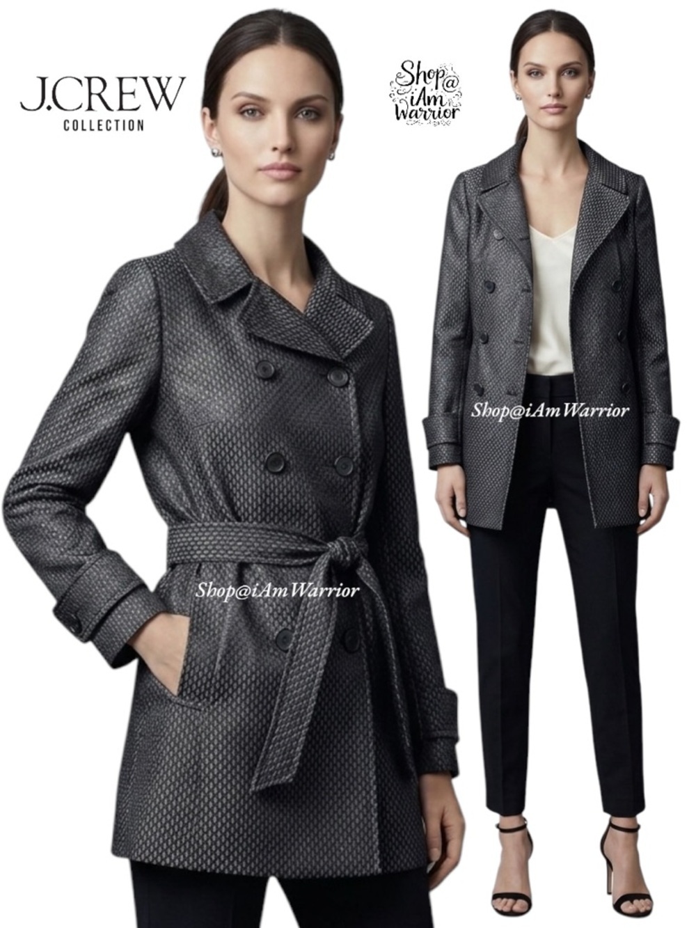 J.Crew Collection *Rare* gunmetal metallic diamond lattice belted trench coat